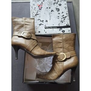 CL by Laundry Tan Brown Buckle Wrap Ankle Boots Pointed Toe Stiletto  Size 10M